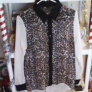 Beautiful Blouse Gold Drama M Leopard Print/White Semi Sheer Black Trim Dressy